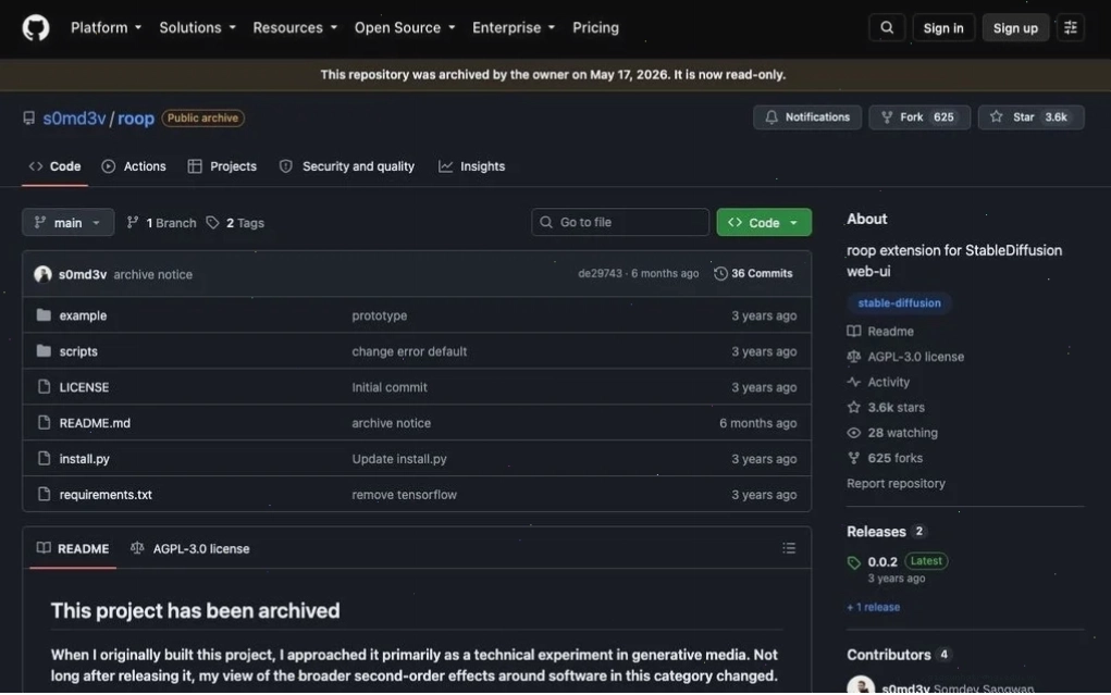 Ảnh chụp màn hình kho lưu trữ Roop trên GitHub