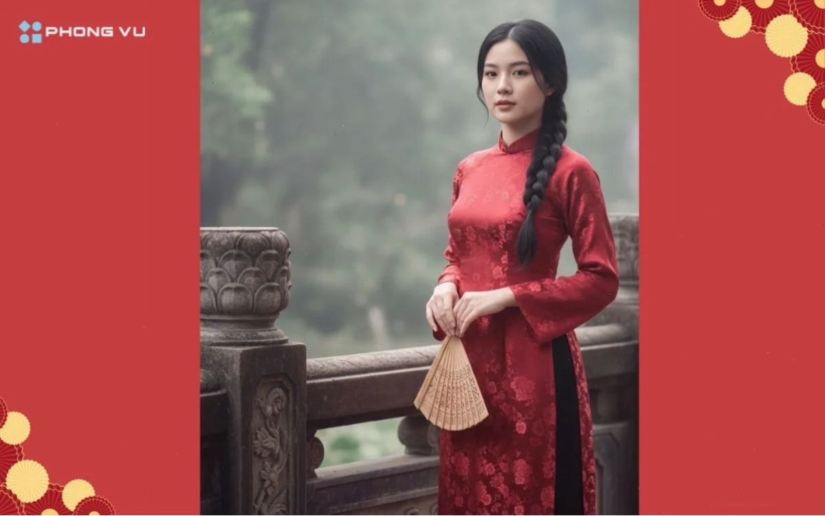 Áo dài gấm đỏ cổ điển tạo bởi AI