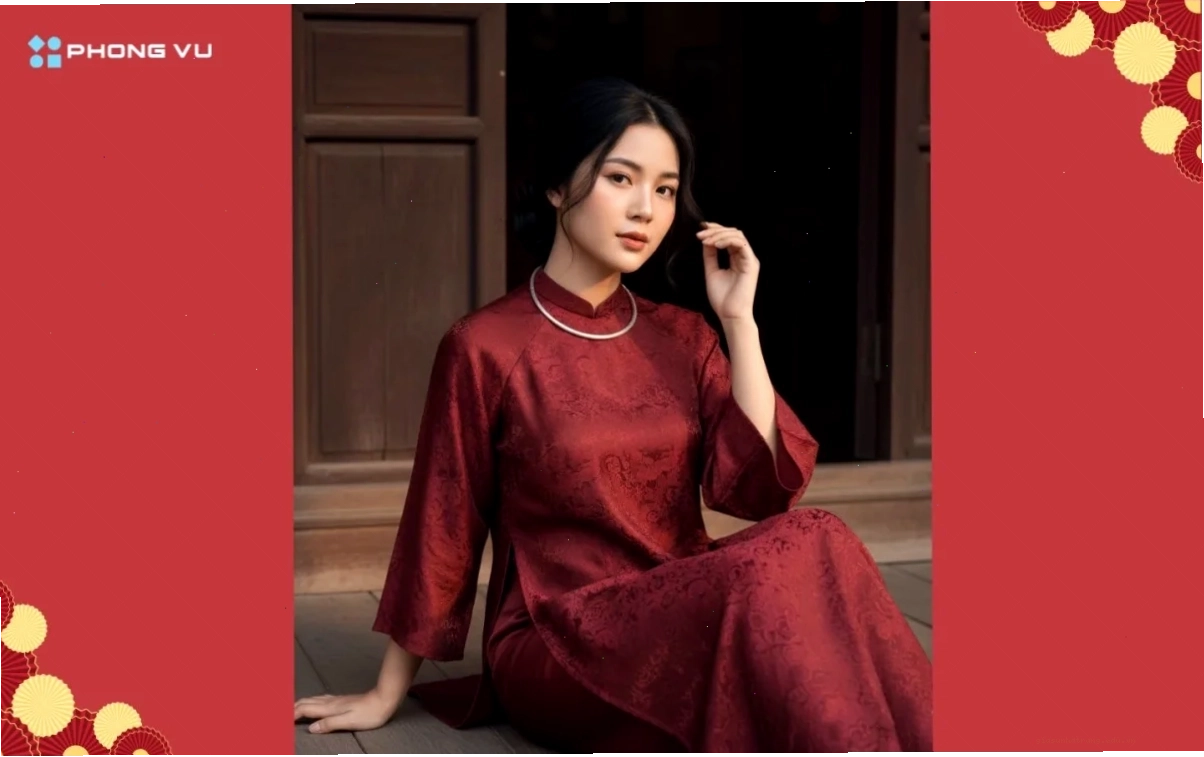 Áo dài gấm nhà gỗ cổ AI