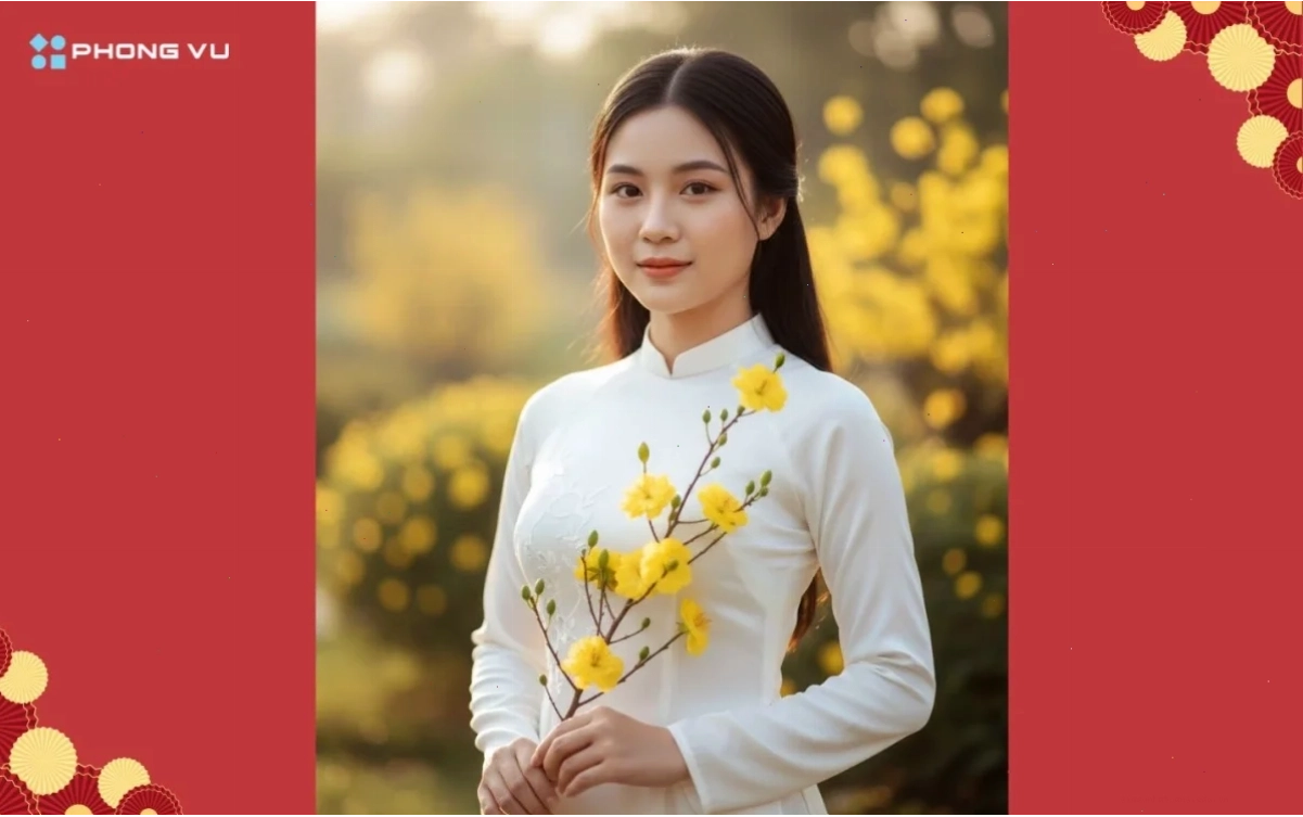 Áo dài trắng tinh khôi với hoa mai ngày Tết AI