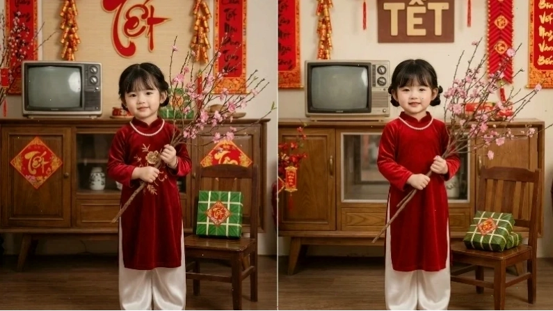 Bé gái mặc áo dài nhung đỏ cầm cành đào xuân