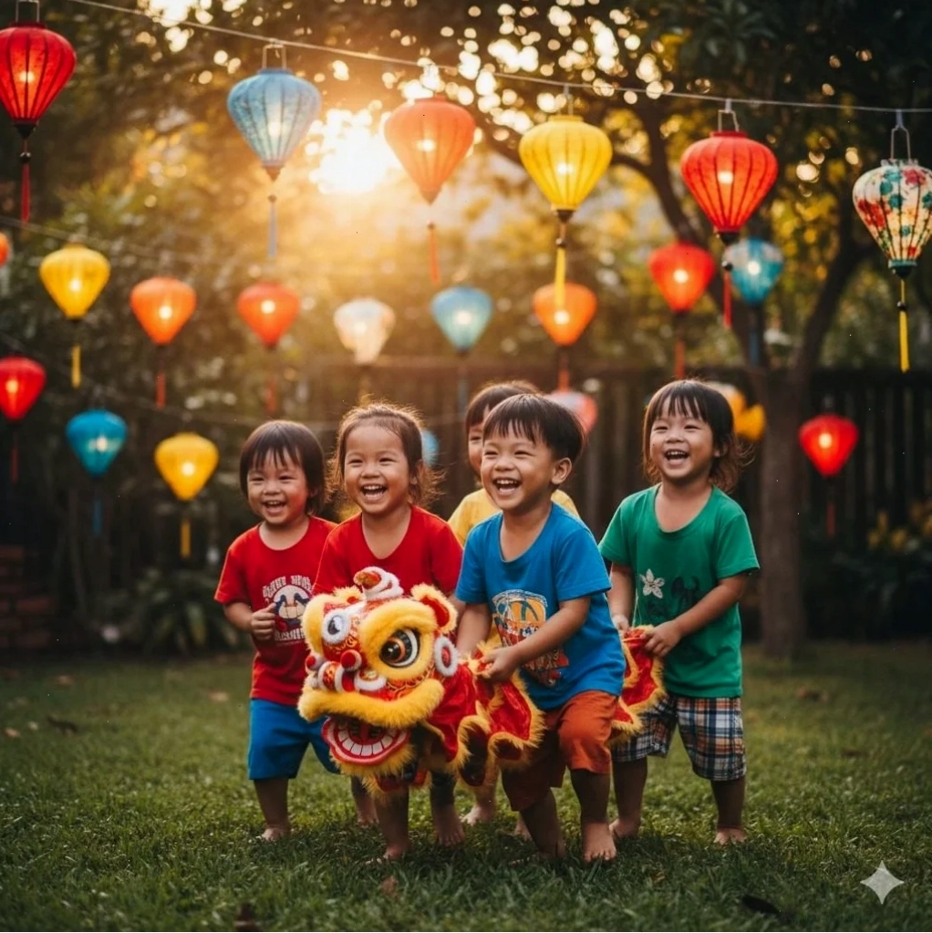 Bé trai tham gia múa lân nhỏ