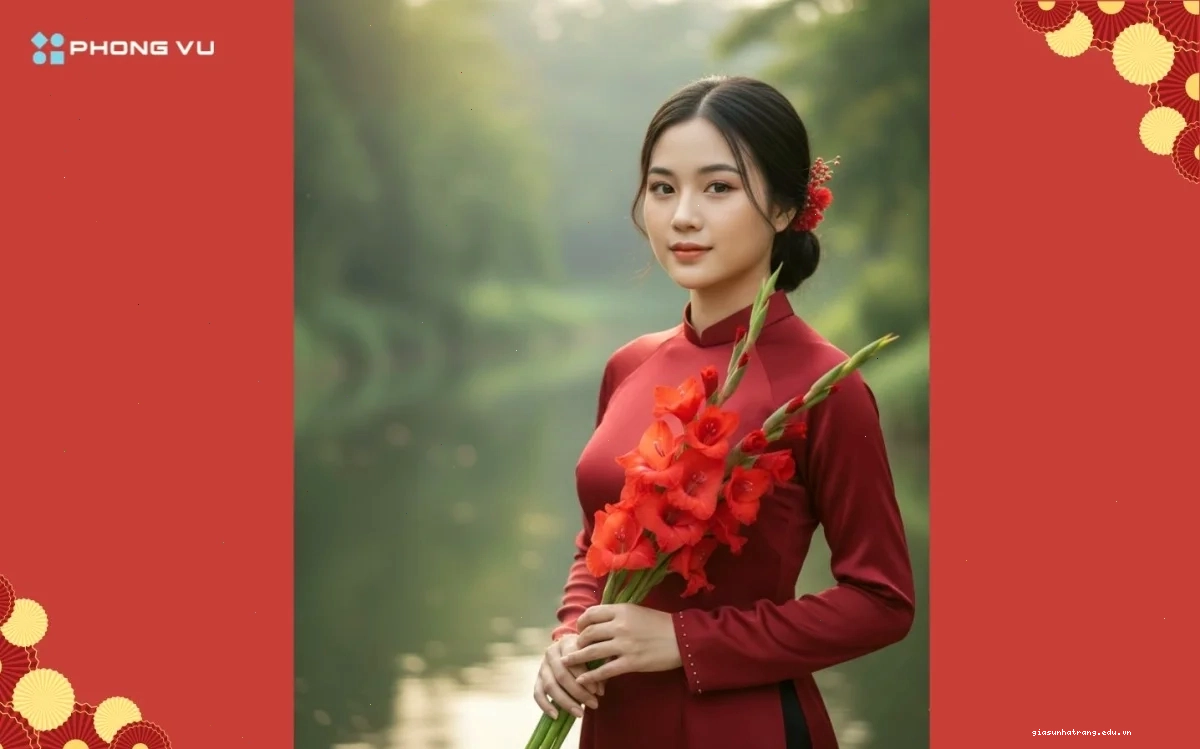 Chân dung áo dài đỏ truyền thống bằng AI