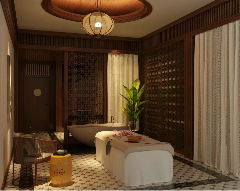 Chi tiết nội thất gỗ mộc trong spa gội đầu dưỡng sinh