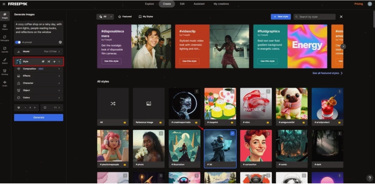 Chọn phong cách hình ảnh trong Freepik AI