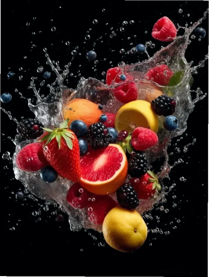 Đĩa trái cây gọt sẵn với hiệu ứng splash
