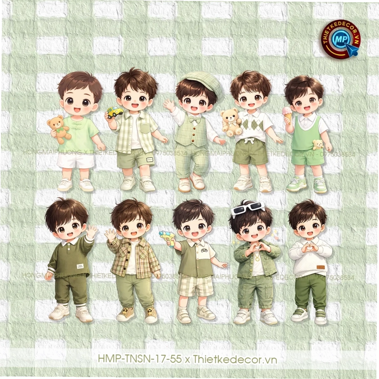 File PNG set 10 chibi bé trai tone xanh lá