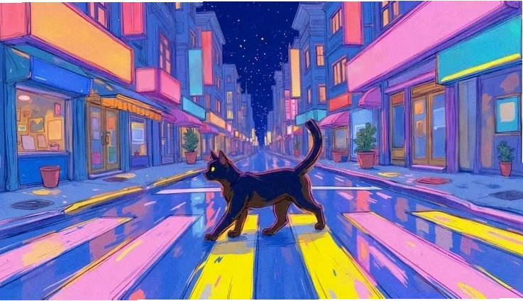 Free Photo black cat crossing a neon city street