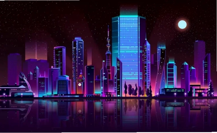 Free Vector metropolis night skyline neon color cartoon vector