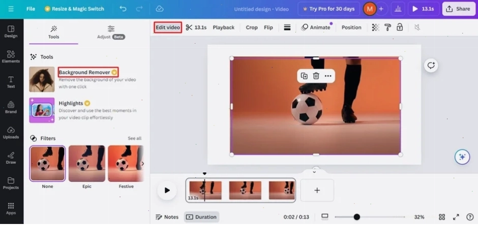 Giao diện Canva hiển thị cách xóa nền video