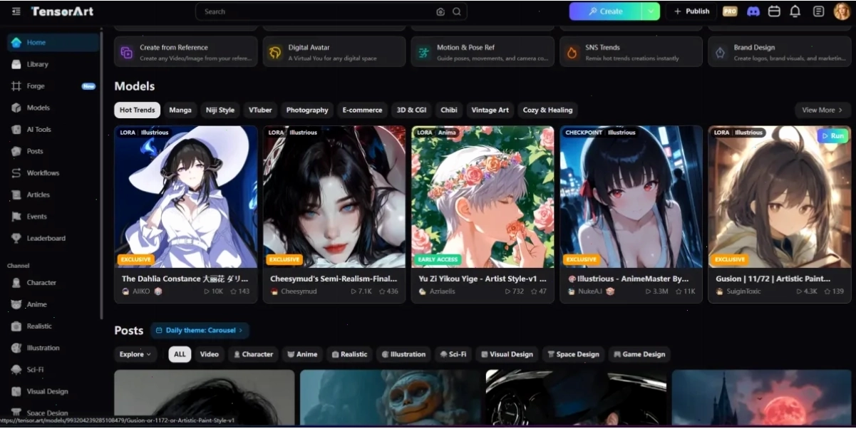 Giao diện Tensor Art Giao diện chính của Tensor Art với các tùy chọn mô hình và thông số điều chỉnh