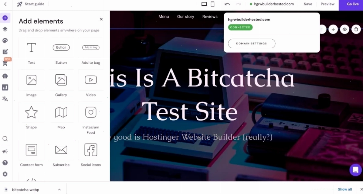 Giao diện chỉnh sửa trực quan của Hostinger Website Builder