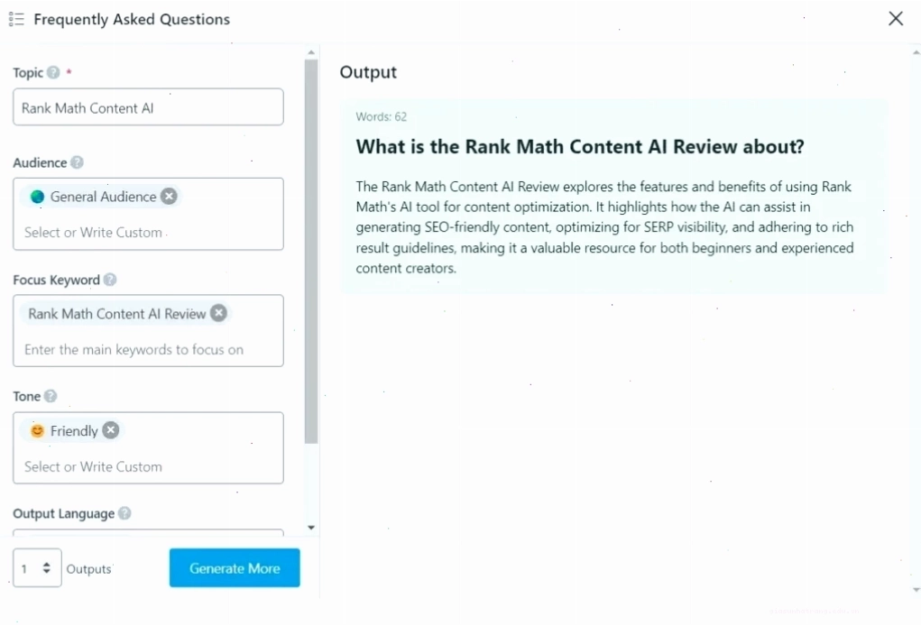 Công cụ AI tạo câu hỏi thường gặp Giao diện công cụ AI FAQ của Rank Math