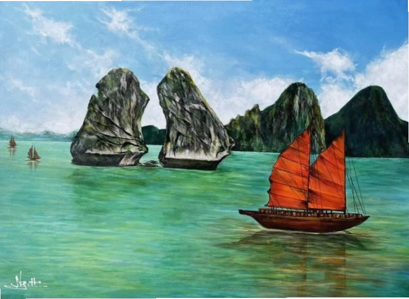 Hình ảnh thuyền buồm trên Vịnh Hạ Long trong tranh