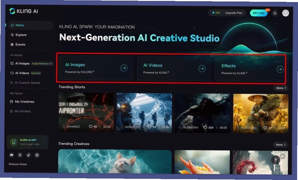 Giao diện chính của Kling AI Kling AI homepage