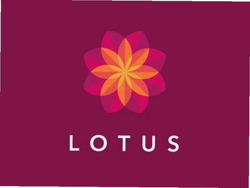 Logo hoa sen xếp tám cánh chồng màu hồng cam trên nền tím mận chữ LOTUS