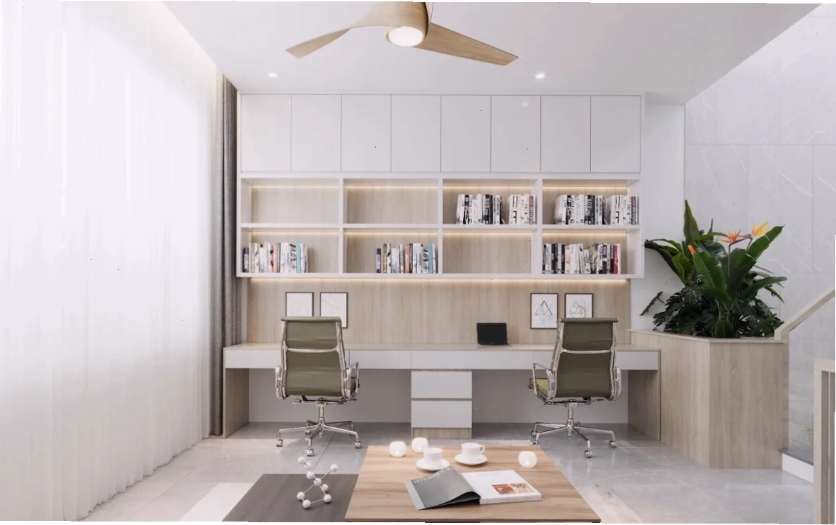 Mẫu phòng làm việc kết hợp phòng đọc sách với tủ sách gỗ lớn