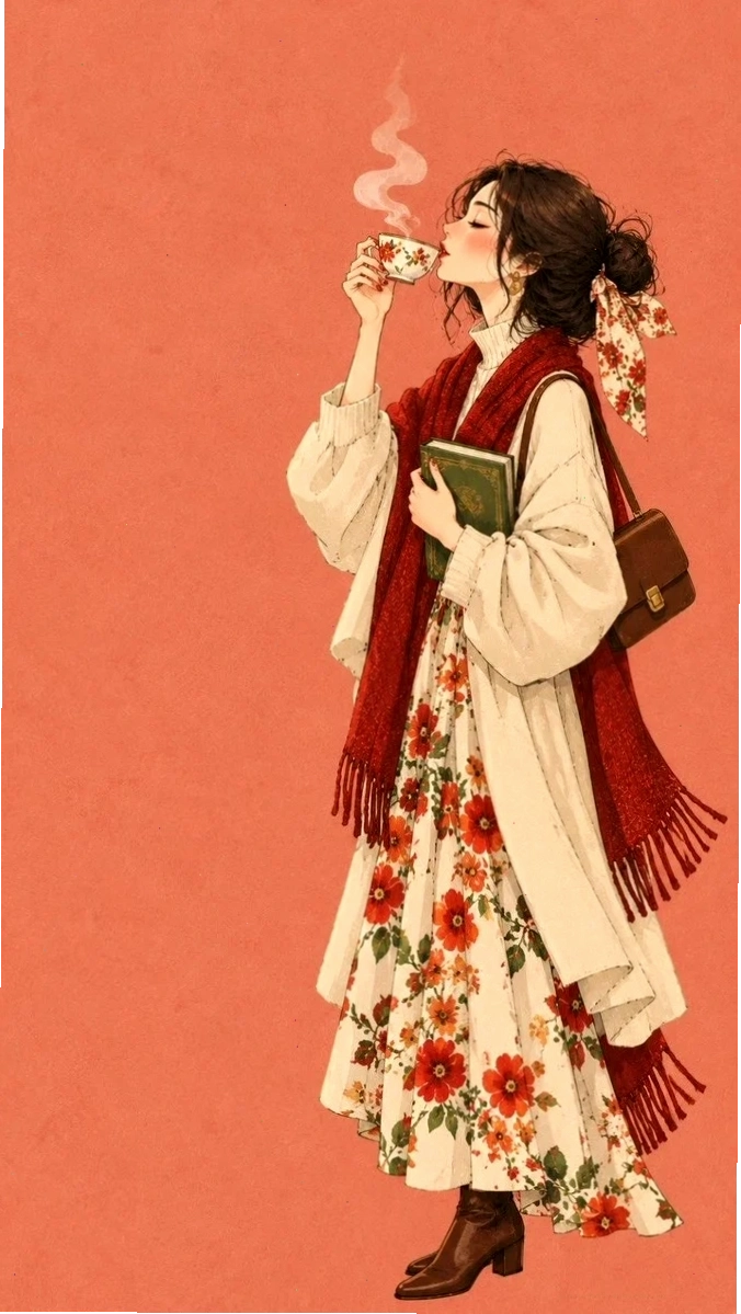 Minh họa thời trang phong cách vintage về trà với tone màu ấm áp