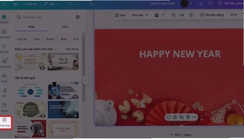 Mở thiết kế lên và chọn vào mục Ứng dụng