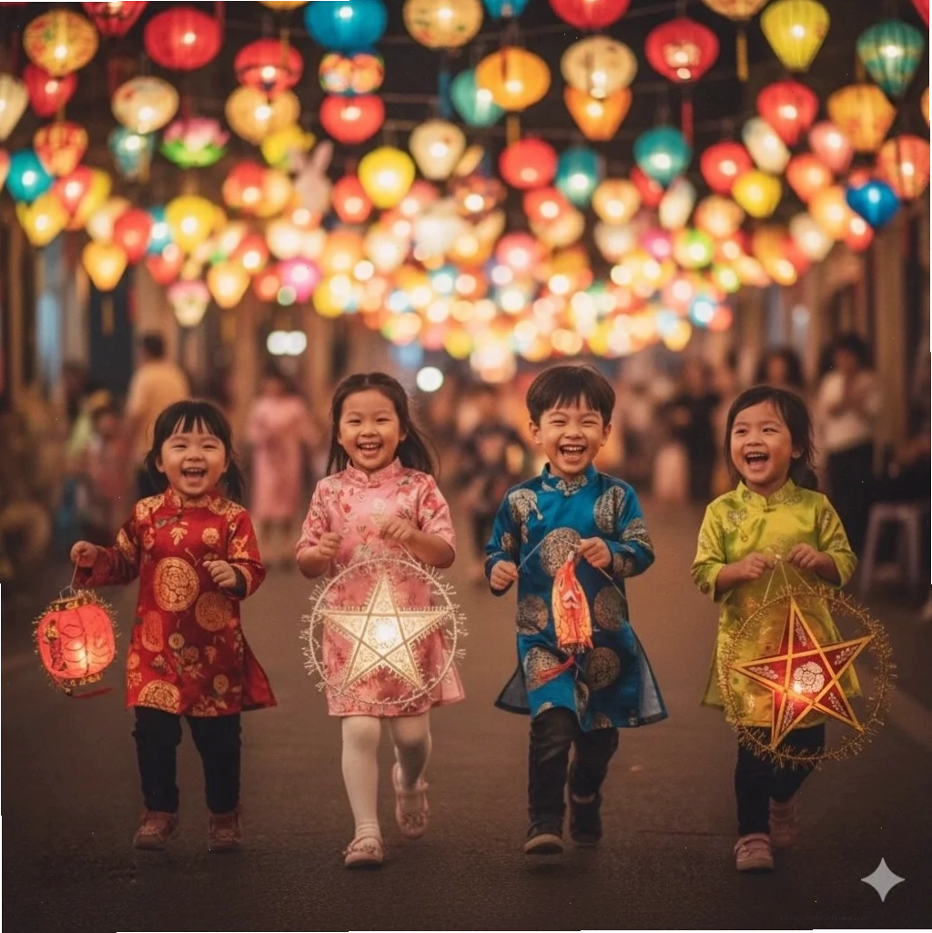 Nhóm trẻ vui đùa rước đèn lồng hình thỏ