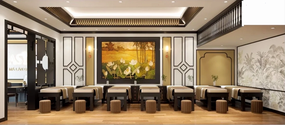 Nội thất spa gội đầu dưỡng sinh với vật liệu tự nhiên