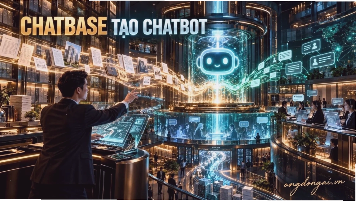 Poster hướng dẫn sử dụng Chatbase tạo chatbot từ dữ liệu doanh nghiệp