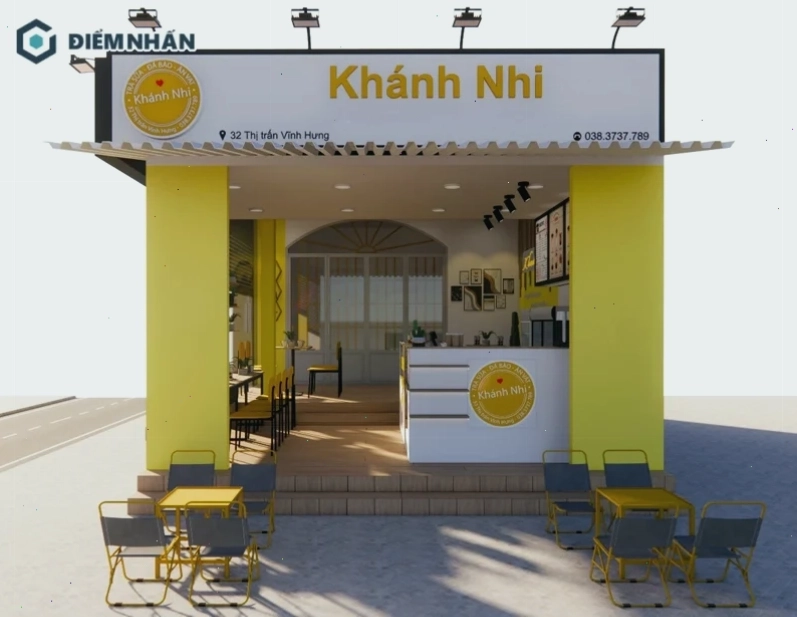 Quán trà chanh nhỏ được thiết kế tối giản với tone màu trắng kết hợp vàng nổi bật trẻ trung