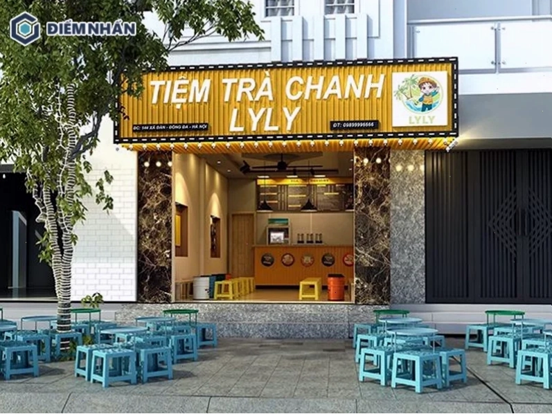 Quán trà chanh thiết kế theo phong cách vỉa hè sử dụng tone màu vàng be làm chủ đạo
