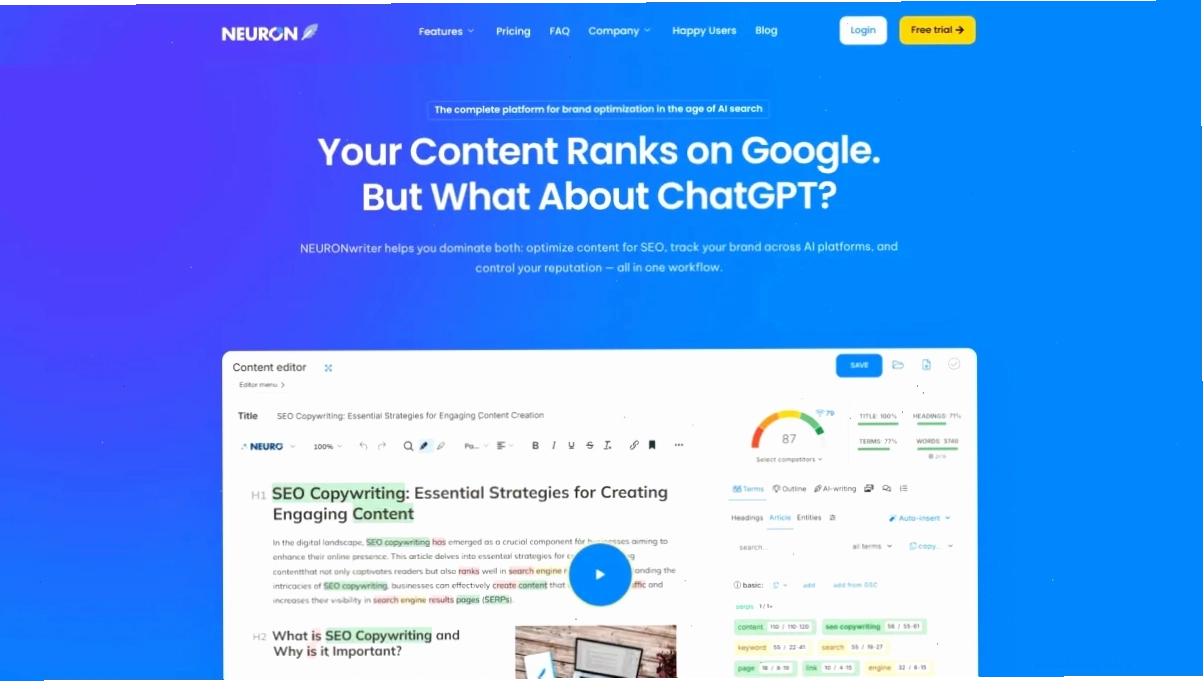 Giao diện chính NeuronWriter Trang chủ NeuronWriter