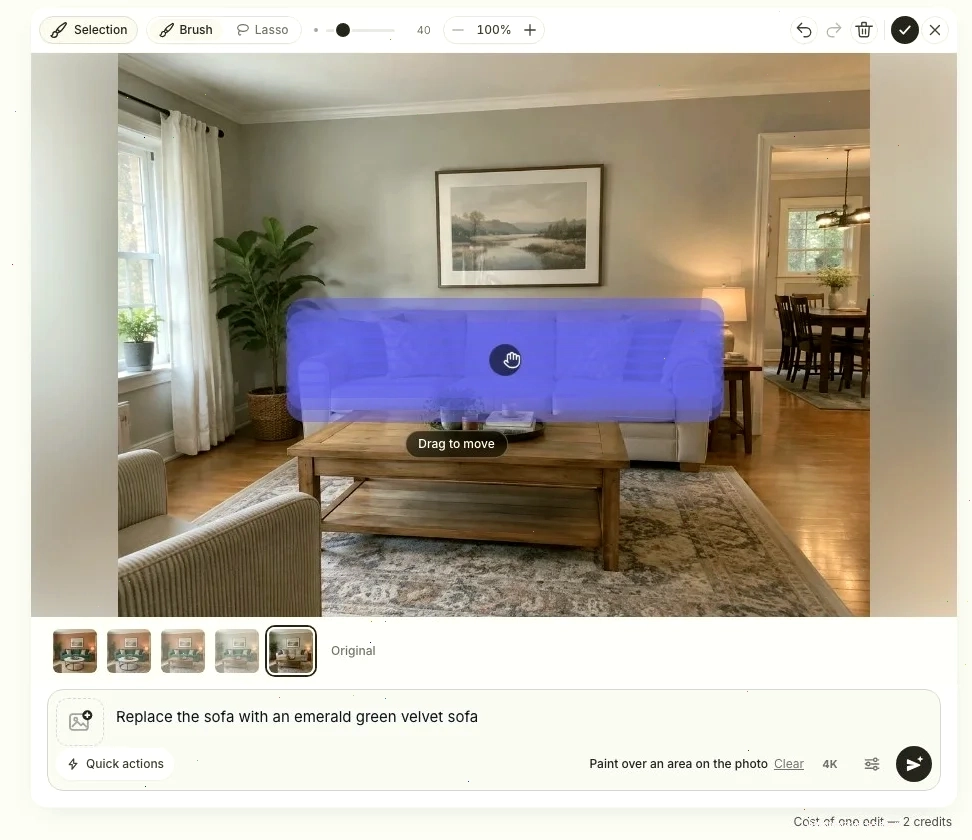 Trình chỉnh sửa AI GenRoom thay đổi sofa